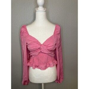 Coquette Blouse M Pink Cripped Tie Back Smocked Balloon Sleeve Barbie Promesa